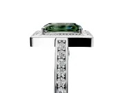 Halo Engagement Ring Setting for Fancy Green Emerald Cut Center with Framed Halo, Pave Band and Prong Head in Sterling Silver