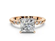 Solitaire Engagement Ring Setting for Princess Cut Center with Bezel-Dot Beaded Band and Prong Head in Rose Gold