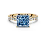 Solitaire Engagement Ring Setting for Fancy Blue Princess Cut Center with Large Accent Band and Prong Head in Yellow Gold