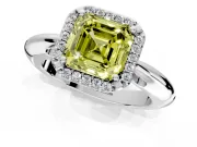Halo Engagement Ring Setting for Fancy Yellow Asscher Cut Center with Tapered Plain Band and Prong Head in Platinum