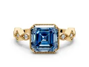Milgrain Bezel Engagement Ring Setting for Fancy Blue Asscher Cut Center with Marquise Stations and Bezel Head in Yellow Gold