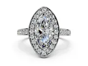 Bezel-Framed Halo Engagement Ring Setting for Marquise Center with Pave Band and Prong Head in Platinum