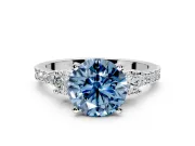 3 Stone Engagement Ring Setting for Fancy Blue Round Cut Center with Round Cut Side Accents and Prong Head in Sterling Silver
