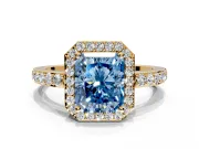 Halo Engagement Ring Setting for Fancy Blue Radiant Cut Center with Heart-Shaped Openwork, Pave Band and Prong Head in Yellow Gold
