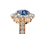 Halo Engagement Ring Setting for Fancy Blue Round Cut Center with Milgrain Channel Band and Prong Head in Rose Gold
