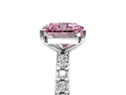Solitaire Engagement Ring Setting for Fancy Pink Radiant Cut Center with Round Cut Pave Band and Prong Head in Platinum