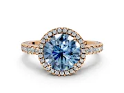 Accent Halo Engagement Ring Setting for Fancy Blue Round Cut Center with Full-Length Pave Band and Prong Head in Rose Gold