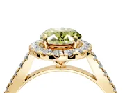 Halo Engagement Ring Setting for Fancy Yellow Oval Center with Narrowing Pave Band and Prong Head in Yellow Gold