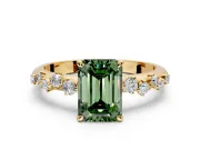 Cluster Engagement Ring Setting for Fancy Green Emerald Cut Center with Round Cut Accent Band and Prong Head in Yellow Gold