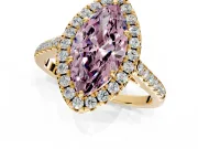 Halo Engagement Ring Setting for Fancy Pink Marquise Center with Raised Halo, Pave Band and Prong Head in Yellow Gold