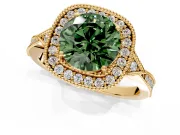 Halo Engagement Ring Setting for Fancy Green Round Cut Center with Milgrain Rim, Pave Band and Prong Head in Yellow Gold