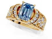 Pave Engagement Ring Setting for Fancy Blue Emerald Cut Center with Curved Accent Rows, Openwork and Prong Head in Yellow Gold