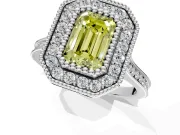 Halo Engagement Ring Setting for Fancy Yellow Emerald Cut Center with Milgrain Frame, Pave Band and Prong Head in Platinum