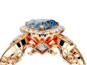 Milgrain Halo Engagement Ring Setting for Fancy Blue Heart-Shaped Center with Shoulder Bezels and Prong Head in Rose Gold