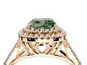 Double Halo Engagement Ring Setting for Fancy Green Cushion Cut Center with Narrow Pave Split Shank and Prong Head in Rose Gold