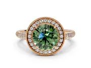 Milgrain Halo Engagement Ring Setting for Fancy Green Round Cut Center with Three-Sided Pave Band and Prong Head in Rose Gold