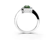 Halo Engagement Ring Setting for Fancy Green Emerald Cut Center with Heart-Shaped Openwork, Pave Band and Prong Head in Sterling Silver