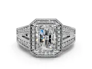 Halo Engagement Ring Setting for Radiant Cut Center with Milgrain Split Shank and Prong Head in Platinum