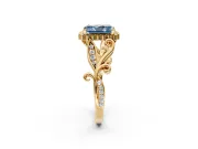 Halo Engagement Ring Setting for Fancy Blue Radiant Cut Center with Leaf Motif Split Shank and Prong Head in Yellow Gold