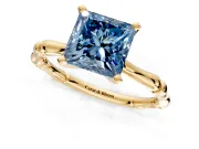 Solitaire Engagement Ring Setting for Fancy Blue Princess Cut Center with Bamboo Band and Prong Head in Yellow Gold