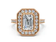 Halo Engagement Ring Setting for Emerald Cut Center with Milgrain Frame, Pave Band and Prong Head in Rose Gold