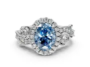 Milgrain Halo Engagement Ring Setting for Fancy Blue Oval Center with Shoulder Bezels and Prong Head in Sterling Silver