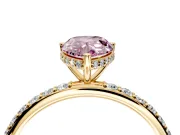 Hidden Halo Engagement Ring Setting for Fancy Pink Pear-Shaped Center with Pave Band and Prong Head in Yellow Gold