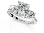 3 Stone Engagement Ring Setting for Radiant Cut Center with Crossover Basket, Pave Band and Prong Head in White Gold