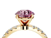 Open Basket Engagement Ring Setting for Fancy Pink Round Cut Center with Pave Band and Prong Head in Yellow Gold
