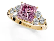 Cluster Engagement Ring Setting for Fancy Pink Princess Cut Center with Round Cut Accent Frame and Prong Head in Yellow Gold