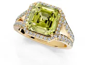 Halo Engagement Ring Setting for Fancy Yellow Asscher Cut Center with Narrow Pave Split Shank and Prong Head in Yellow Gold