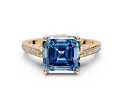 Cathedral Engagement Ring Setting for Fancy Blue Asscher Cut Center with Antique-Style Pave Band and Prong Head in Yellow Gold