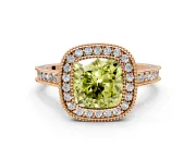 Halo Engagement Ring Setting for Fancy Yellow Cushion Cut Center with Milgrain Pave Band and Bezel Head in Rose Gold