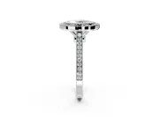 Halo Engagement Ring Setting for Oval Center with Milgrain Frame, Pave Band and Prong Head in White Gold