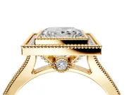 Halo Engagement Ring Setting for Princess Cut Center with Milgrain Pave Band and Bezel Head in Yellow Gold