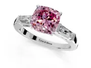 3 Stone Engagement Ring Setting for Fancy Pink Cushion Cut Center with Tapered Baguettes, Plain Band and Prong Head in White Gold