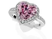 Halo Engagement Ring Setting for Fancy Pink Heart-Shaped Center with Metal-Rimmed Halo, Pave Band and Prong Head in Platinum