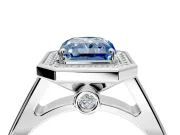 Halo Engagement Ring Setting for Fancy Blue Radiant Cut Center with Outer Bezel Rim, Pave Band and Prong Head in White Gold
