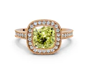 Halo Engagement Ring Setting for Fancy Yellow Cushion Cut Center with Milgrain Halo, Pave Band and Prong Head in Rose Gold