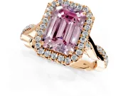 Halo Engagement Ring Setting for Fancy Pink Emerald Cut Center with Twist Band and Prong Head in Rose Gold