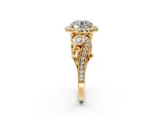 Milgrain Halo Engagement Ring Setting for Round Cut Center with Shoulder Bezels and Prong Head in Yellow Gold