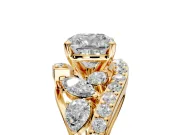 Halo Engagement Ring Setting for Cushion Cut Center with Marquise and Pave Bypass Band and Prong Head in Yellow Gold