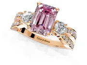 3 Stone Engagement Ring Setting for Fancy Pink Emerald Cut Center with Pave Twist Band and Prong Head in Rose Gold