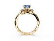 3 Stone Engagement Ring Setting for Fancy Blue Cushion Cut Center with Wide Plain Band and Prong Head in Yellow Gold