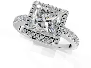 Accent Halo Engagement Ring Setting for Princess Cut Center with Full-Length Pave Band and Prong Head in Sterling Silver