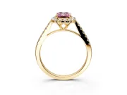 Halo Engagement Ring Setting for Fancy Pink Emerald Cut Center with Raised Halo, Pave Band and Prong Head in Yellow Gold