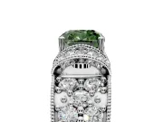 Pave Engagement Ring Setting for Fancy Green Cushion Cut Center with Curved Accent Rows, Openwork and Prong Head in White Gold