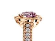 Milgrain Halo Engagement Ring Setting for Fancy Pink Heart-Shaped Center with Pave Band and Prong Head in Rose Gold