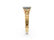 Solitaire Engagement Ring Setting for Emerald Cut Center with Filigree Band and Prong Head in Yellow Gold