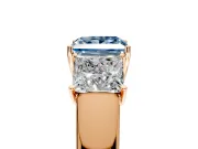 3 Stone Engagement Ring Setting for Fancy Blue Princess Cut Center with Raised Basket Heads and Prong Head in Rose Gold